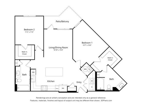 Floor plan for 2 beds, 2 baths, 1151 sqft